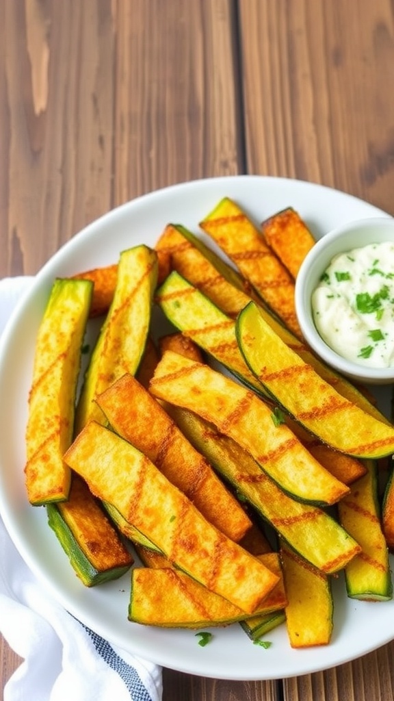 Crispy zucchini fries served with herby feta dip on a rustic wooden table.